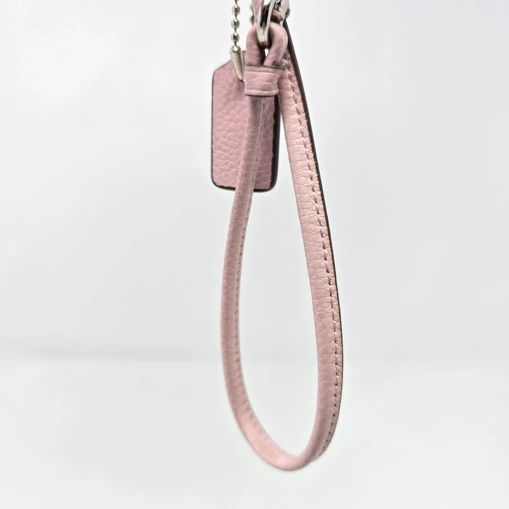 Coach Pink Heart Print Pebbled Leather Wristlet Zip Top Wallet Silver Logo
